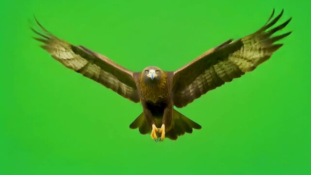 &aacute;guila real (Aquila chrysaetos) en primer plano, volando con las alas extendidas y mostrando su envergadura imponente. Fondo completamente verde uniforme tipo chroma key