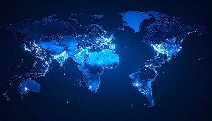 A glowing, stylized digital map of Earth at night, showing population density and light emission from cities and towns
