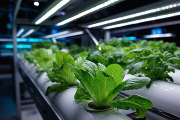 Indoor farming with hydroponically grown leafy green vegetables.