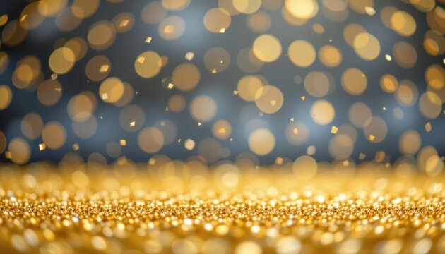 Gold glitter background with defocused sparkle, clear subject at bottom, ample copy space at top, under shimmering light, optimized for photo.