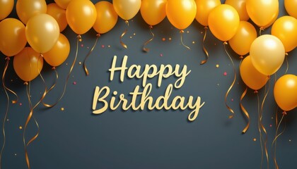 Happy birthday celebration with flat style line balloons in goldenrod tones, subject at top, ample copy space below, minimal background for use.