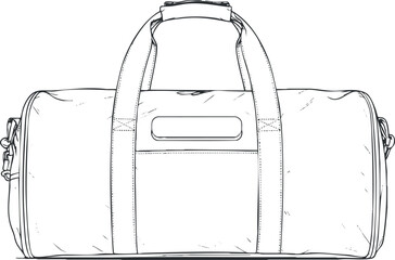 Outline illustration of a stylish duffel bag designed for travel and sports activities. Black on transparent background.