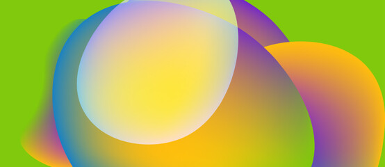 Abstract colorful shapes overlap vibrant green background. Smooth gradients create soft visual effect. Modern design elements present.