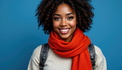African woman smiling in casual winter or college attire, positioned at the top with clear copy space below, studio setting with blue background, highlighting natural beauty, confidence