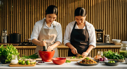 Two Asian women preparing delicious Thai food together in a modern kitchen healthy cooking lifestyle culinary experience authentic recipes family bonding