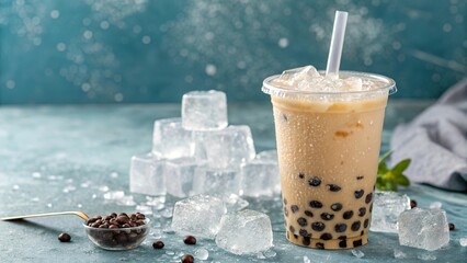 Enjoying a refreshing ice blended bubble tea with slushy texture in a cozy setup surrounded by ice cubes
