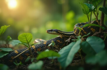Obraz premium A banded krait moves across green plants in a brightly sunlit grove. Generative AI