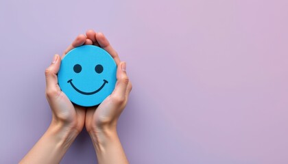 Hands holding a blue smiling face on the left, with ample blank space on the right for copy, symbolizes mental health, positivity, growth, and recovery.