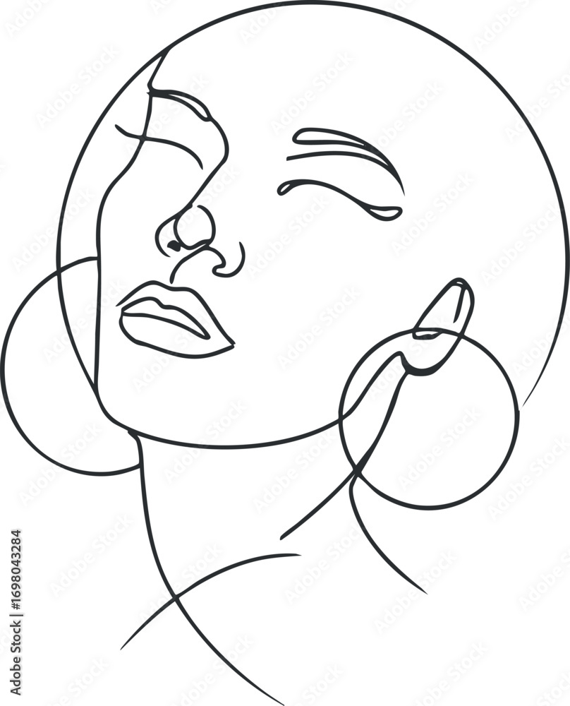 Poster a minimalistic line art portrait of a woman with abstract features and serene expression. black on t
