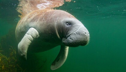 Naklejka premium A serene manatee gracefully navigates a shallow, aquatic environment, its gentle demeanor highlighted by the vibrant underwater setting.