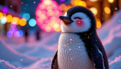 Adorable penguin with blushing cheeks and sparkles, expressing delight, positioned on the right with ample copy space on the left, Radiant pink tones under city lights, clear subject placement