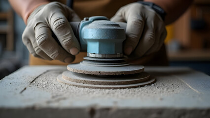 Closeup of skilled hands using grinding cutting machine for stone