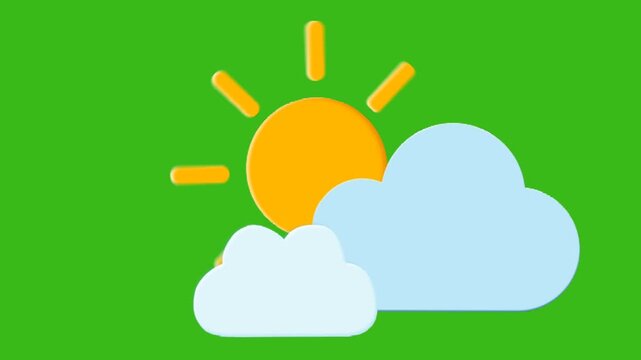 Animated sun and clouds on green screen. Ideal for weather, cartoons, or partly cloudy day projects