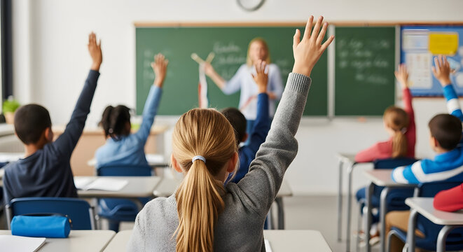 Elementary School Classroom Students Raising Hands Teacher Lesson Education Learning Knowledge - Powered by Adobe