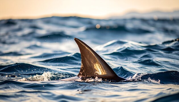 A shark fin slicing through the ocean waves, showcasing the dynamic energy of the sea.