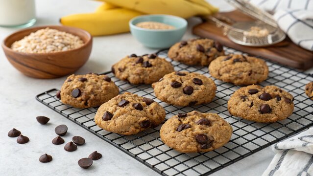 Deliciously healthy oatmeal cookies baked with bananas and chocolate chips, perfect for snack time or dessert enjoyment - Powered by Adobe