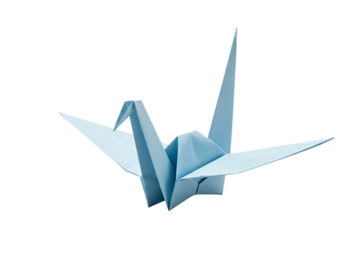 Blue origami crane paper bird folded figure transparent background