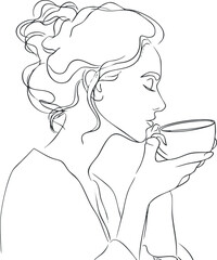 A minimalist line art portrait of a woman enjoying a cup of coffee in a relaxed pose. Black on transparent background.