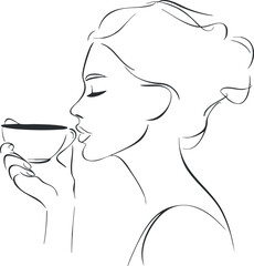 A minimalist sketch of a woman enjoying a cup of coffee or tea in a serene moment. Black on transparent background.