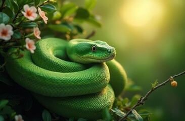 Fototapeta premium A vibrant green tree python wraps itself around a blooming bush in a sunlit clearing. Generative AI