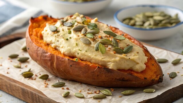 Roasting sweet potato topped with creamy hummus and pumpkin seeds for a delicious autumn dish