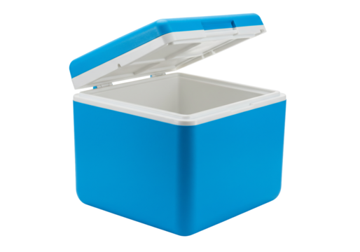 Blue plastic cooler box with lid ajar on transparent background