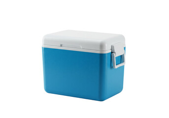 Blue plastic cooler box with white lid for cold storage