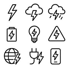 Collection of Electric Power Icons Depicting Lightning Clouds and Energy Symbols.