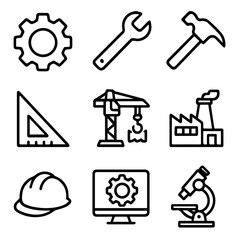 Collection of Industrial and Engineering Icons in Simple Line Art Style.