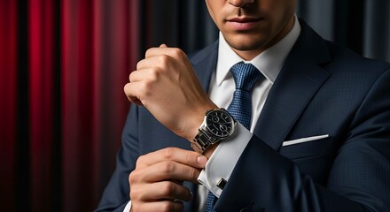 A man adjusting his watch while wearing a suit with a tie and cufflinks in front of red curtains