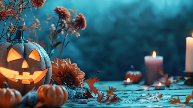 Eerie Halloween scene with glowing pumpkins and candles. Low-angle shot captures spooky ambiance, perfect for a themed video backdrop. Live desktop wallpaper.