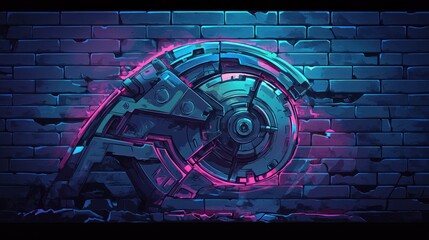Futuristic, metallic disc embedded in a cracked brick wall, illuminated by neon colors