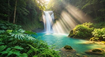 Idyllic Waterfall Scene: Lush Greenery and Turquoise Water