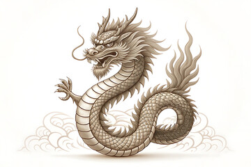 Dragon illustration on white background with golden oriental design and mythical symbolism