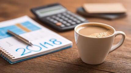 Modern Office Scene Coffee Cup Calculator on Desk, Ideal for Business Presentations or Social Media Campaigns, Evoking a Sense of Focus and Productivity.