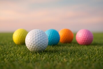 Collection of bright multicolor golf balls placed on grass under pastel sky