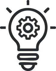 A creative light bulb symbolizing innovation and ideas with a gear representing technology and solutions. Black on transparent background.