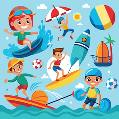 A collection of cartoon children enjoying various summer beach activities and water sports like surfing, windsurfing, and playing with balls.