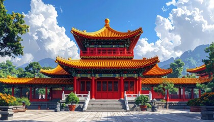 A vibrant, detailed depiction of a traditional Chinese temple complex under a bright sky.
