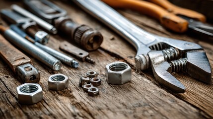 Fototapeta premium CloseUp Shot of Various Building Tools Arranged on a Rustic Wooden Table, Featuring Pliers, Tongs, Nuts, Screws, and Screwdrivers Ideal for DIY Projects, Construction, and Technical.