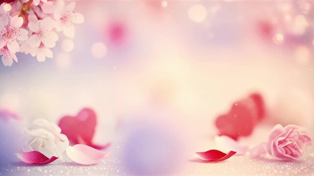 Softfocus photo of cherry blossoms hearts rose  petals in pink white  purple tones with scattered sparkles