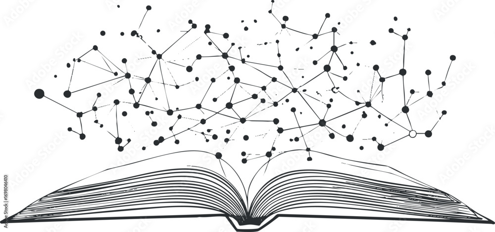 Poster an open book with abstract connections and nodes representing knowledge and information flow. black 