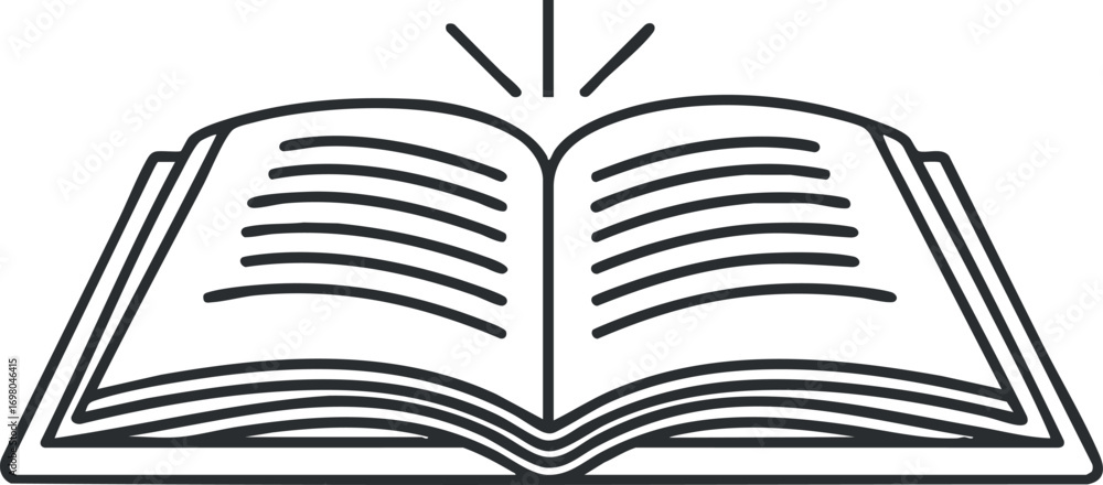 Poster an illustration of an open book symbolizing knowledge and education in a simple design. black on tra