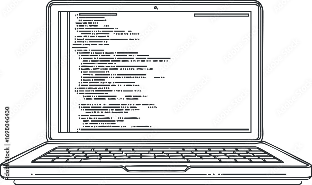 Poster a graphic illustration of a laptop displaying lines of code on its screen. black on transparent back