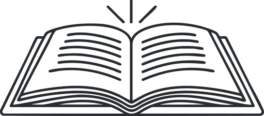 An illustration of an open book symbolizing knowledge and education in a simple design. Black on transparent background.