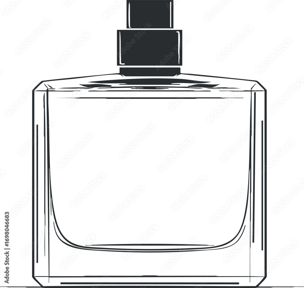 Poster a minimalist illustration of an empty perfume bottle with a sleek design and elegant shape. black on