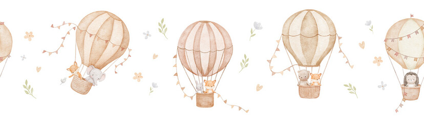 Seamless watercolor border with hot air balloons and baby animals, hand drawn repeating illustrations on white background