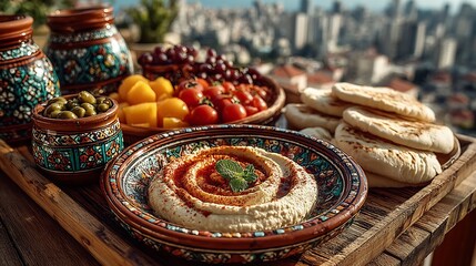 Fototapeta premium Hummus and pita bread platter dish