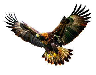 águila real (Aquila chrysaetos) en primer plano, volando con las alas extendidas y mostrando su envergadura imponente. Fondo transparente, PNG