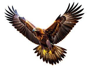 águila real (Aquila chrysaetos) en primer plano, volando con las alas extendidas y mostrando su envergadura imponente. Fondo transparente, PNG